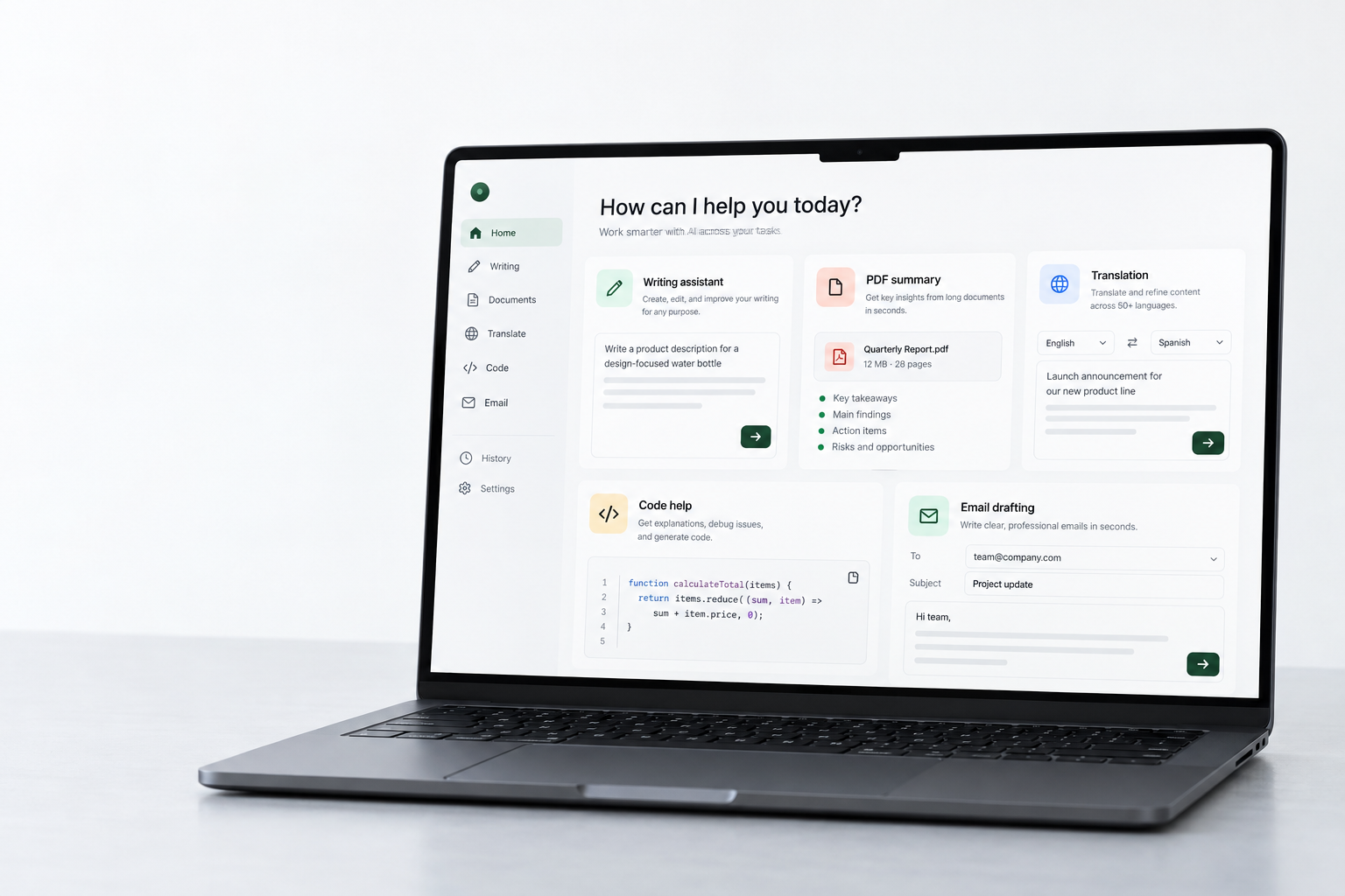Services of AI productivity workspace shown on a laptop